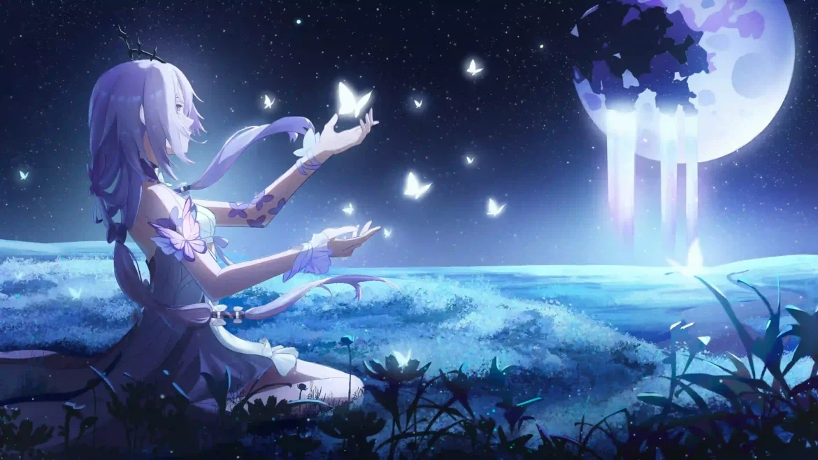 Anime girl March 7th from Honkai Star Rail releasing glowing white butterflies under a fractured moon 4K gaming wallpaper