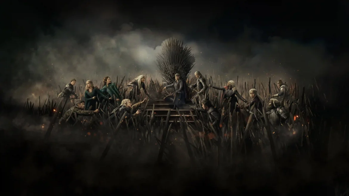 House of the Dragon characters fighting over the Iron Throne surrounded by swords and smoke 4K fantasy wallpaper