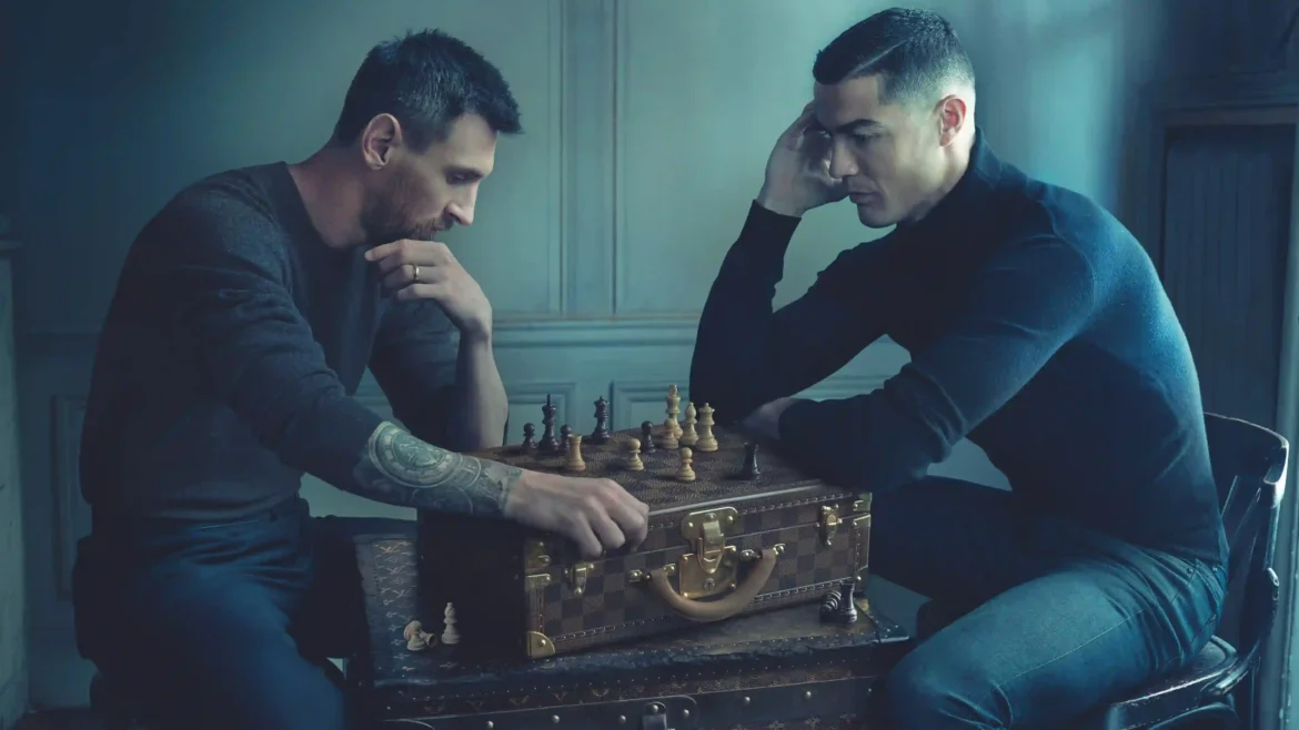 Lionel Messi and Cristiano Ronaldo playing chess in a cinematic setting, Ultra HD 4K football wallpaper