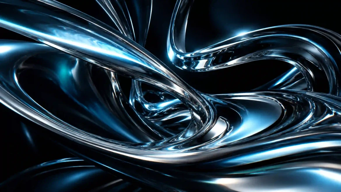 Futuristic liquid chrome waves with blue reflections flowing across a dark background in an Ultra HD 4K abstract wallpaper