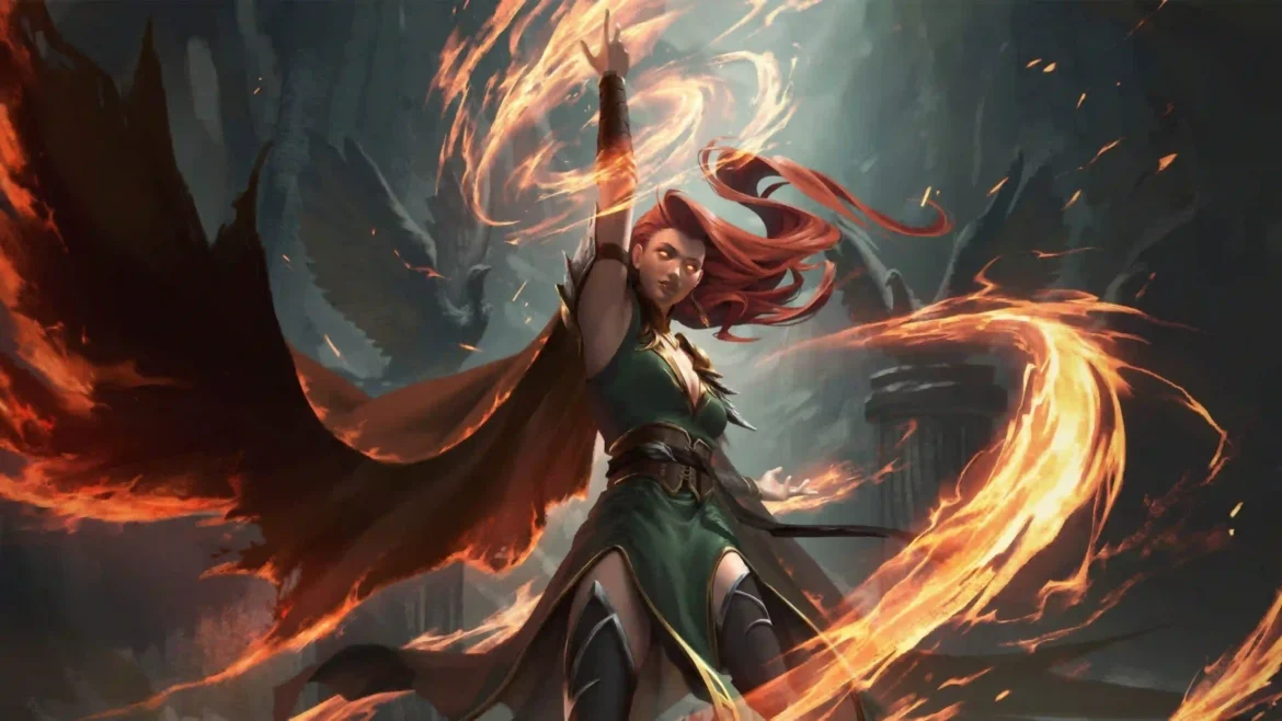 Hope Summers from Marvel Snap with red hair and glowing eyes summoning fire spirals 4K gaming wallpaper