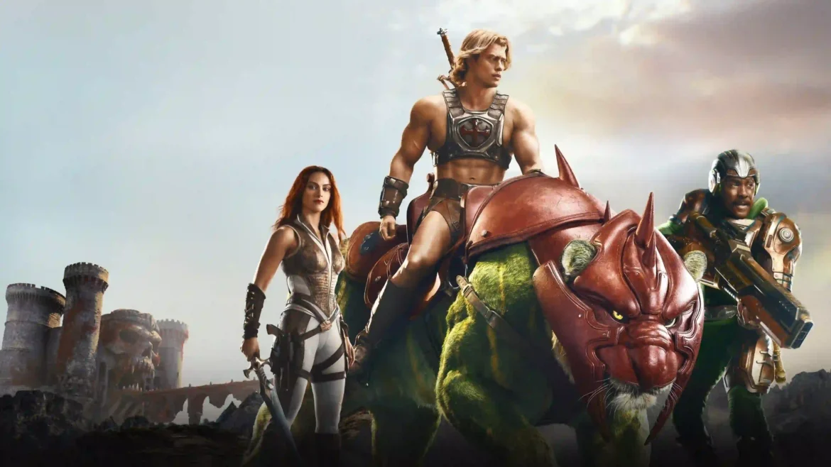 He-Man riding Battle Cat with Teela and Man-at-Arms before Castle Grayskull in epic 4K fantasy artwork