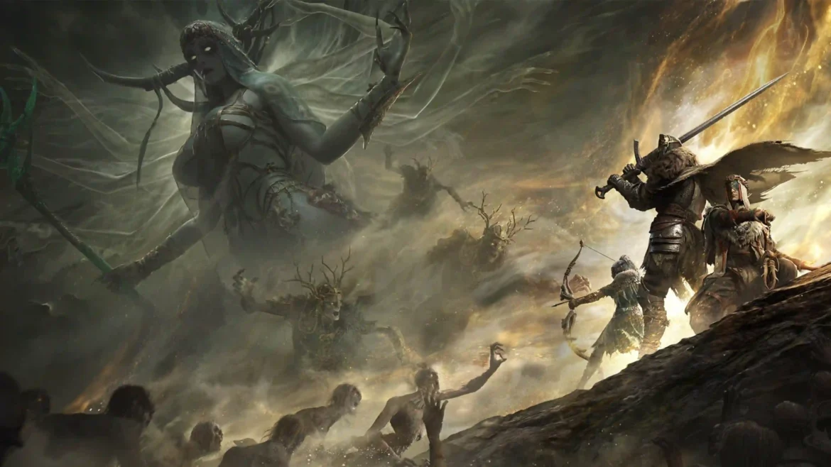 Mistfall Hunter warriors battling a colossal spectral queen in a dark fantasy landscape with cinematic lighting in 4K