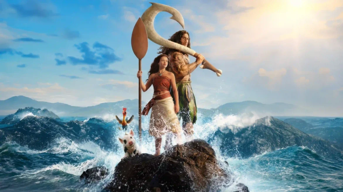 Moana and Maui standing on a wave-swept rock with crashing ocean waves and tropical sunlight in a vibrant 4K movie wallpaper