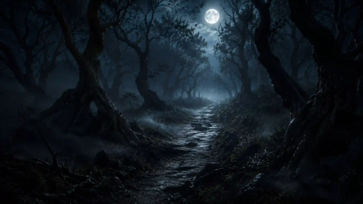 Dark moonlit forest with a winding path, ancient trees, and mist under a full moon, Ultra HD 4K nature wallpaper