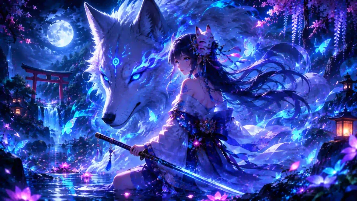 4K anime wallpaper featuring a mystical anime girl with a glowing katana beside a majestic white Kitsune fox under a moonlit Japanese fantasy landscape