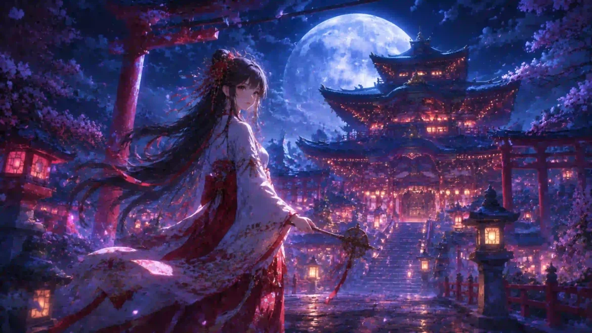 Anime shrine maiden walking through a moonlit Japanese temple courtyard surrounded by cherry blossoms and glowing lanterns in a 4K wallpaper