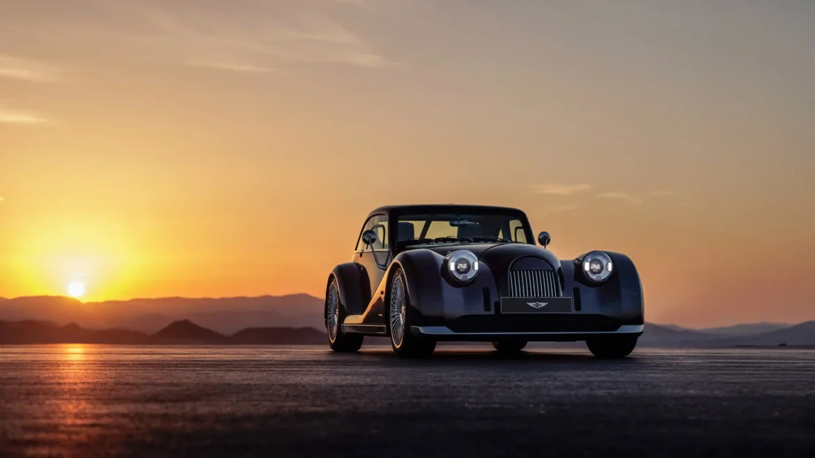 Morgan Midsummer Coupe parked at sunset on an open road, luxury British sports car 4K Ultra HD wallpaper