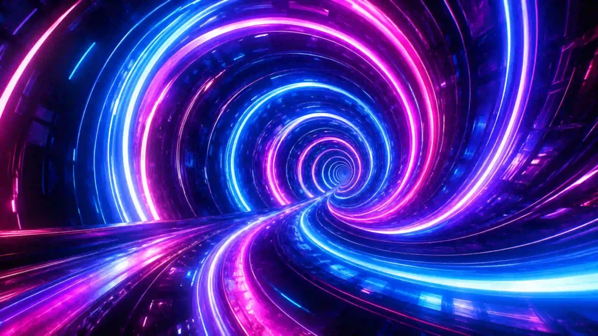Glowing neon blue and pink infinity tunnel with futuristic spiral lights in stunning abstract 4K artwork