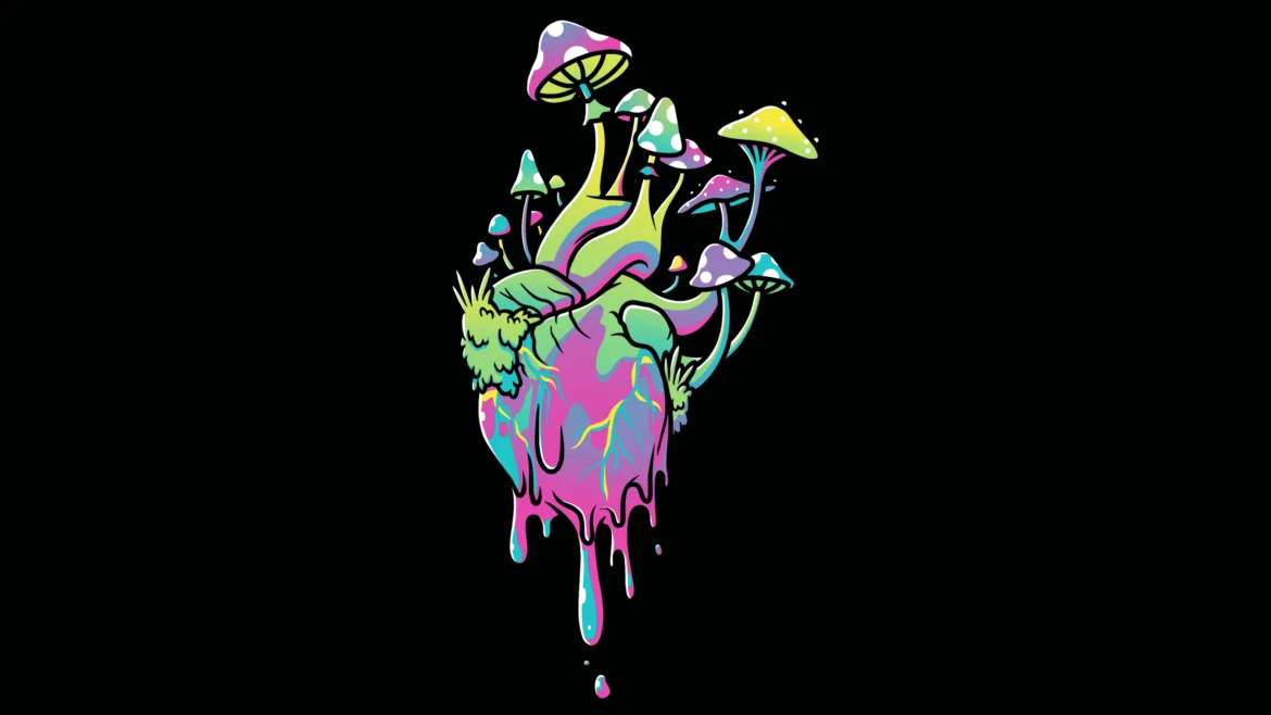 Colorful psychedelic heart with vibrant mushrooms on a black background, surreal Ultra HD 4K abstract wallpaper