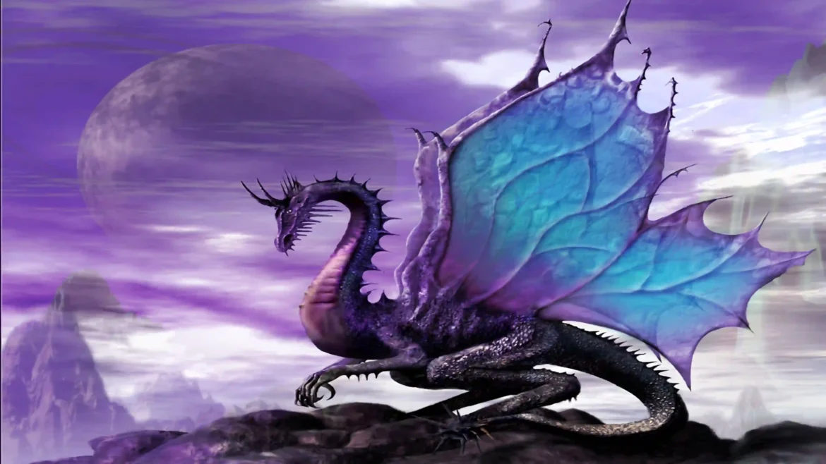 Purple dragon with glowing blue and purple butterfly wings perched on a rocky mountain cliff under a large moon 4K fantasy wallpaper