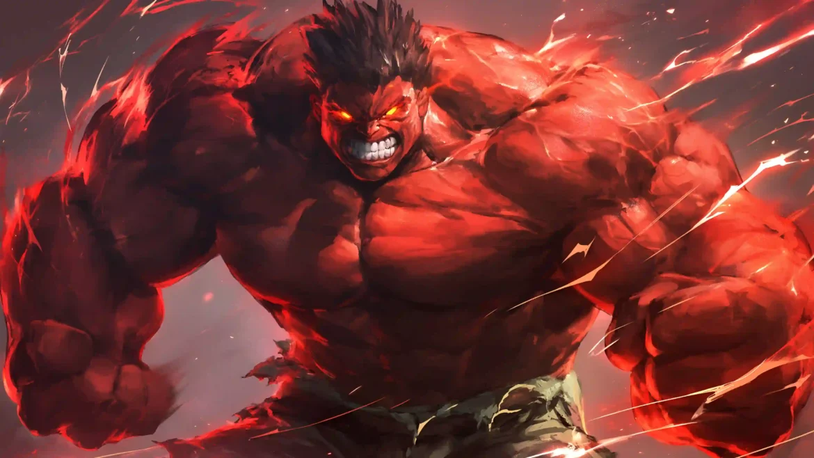 Red Hulk charging forward with glowing eyes and explosive crimson energy in epic Marvel 4K artwork