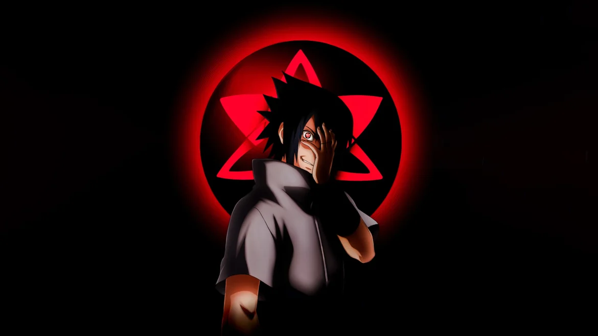 Sasuke Uchiha with glowing Sharingan standing before a red Uchiha symbol in a dark anime 4K Ultra HD wallpaper