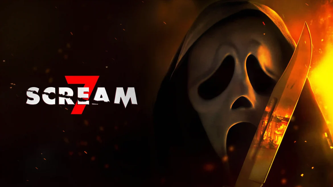 Scream 7 Ghostface 4K wallpaper featuring the iconic masked killer holding a glowing knife against a fiery cinematic horror background