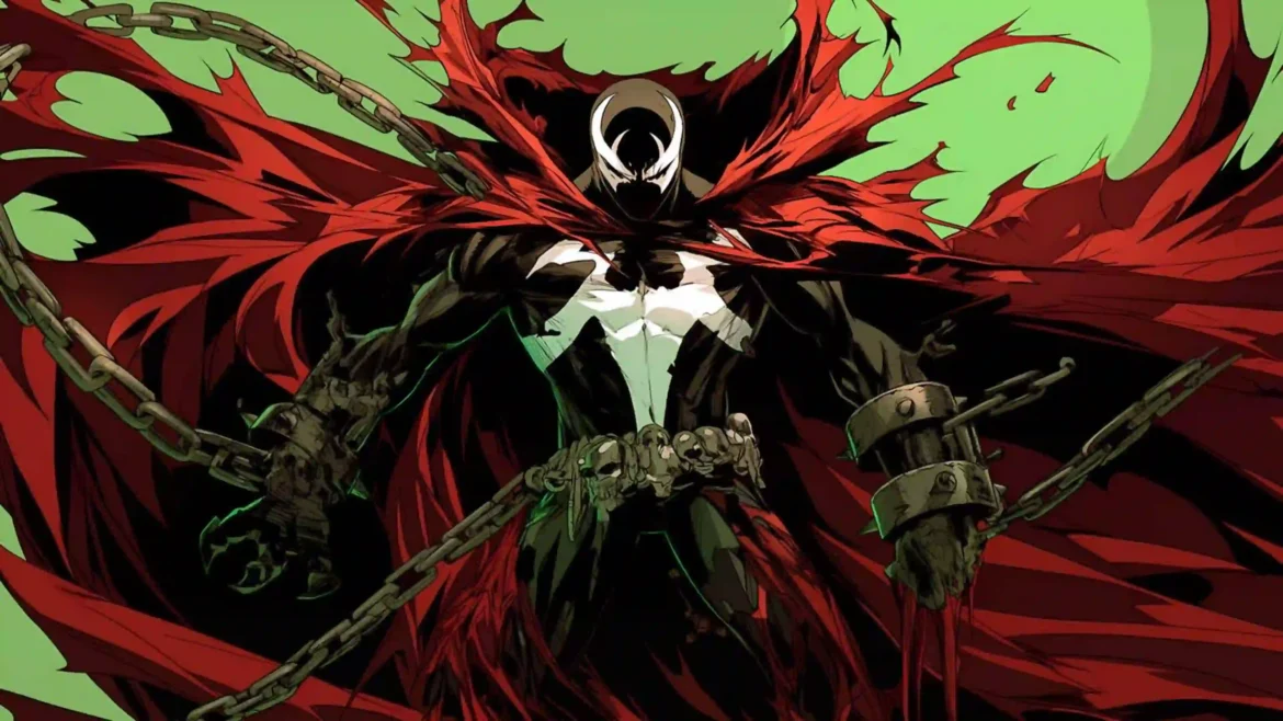 Spawn surrounded by demonic chains and a flowing crimson cape in a dark comic-style Ultra HD 4K wallpaper