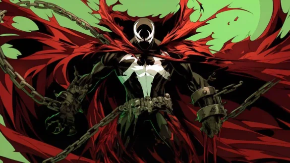 Spawn surrounded by demonic chains and a flowing crimson cape in a dark comic-style Ultra HD 4K wallpaper