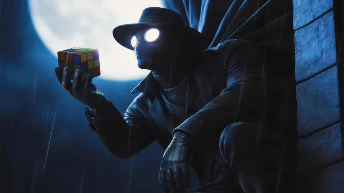 Spider-Man Noir holding a Rubik's Cube beneath a glowing full moon in a dark cinematic 4K wallpaper