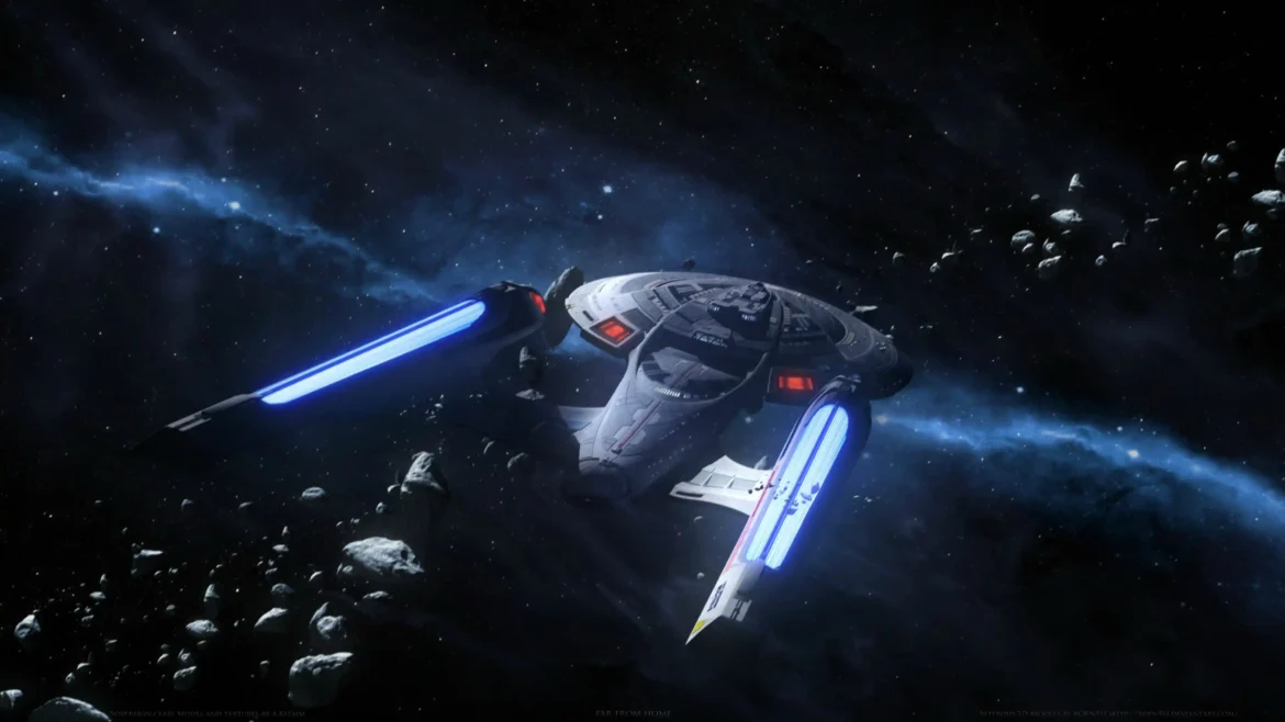 Star Trek Sovereign class starship with glowing blue warp nacelles flying through an asteroid field 4K space wallpaper
