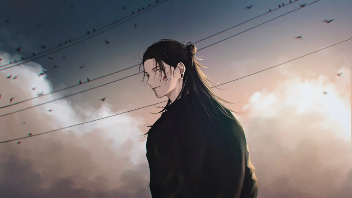 Suguru Geto standing beneath a cloudy sky with flowing hair in cinematic 4K Jujutsu Kaisen anime artwork