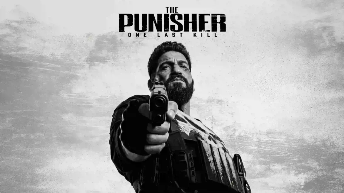 Frank Castle as The Punisher aiming a handgun in a dramatic black-and-white 4K series wallpaper