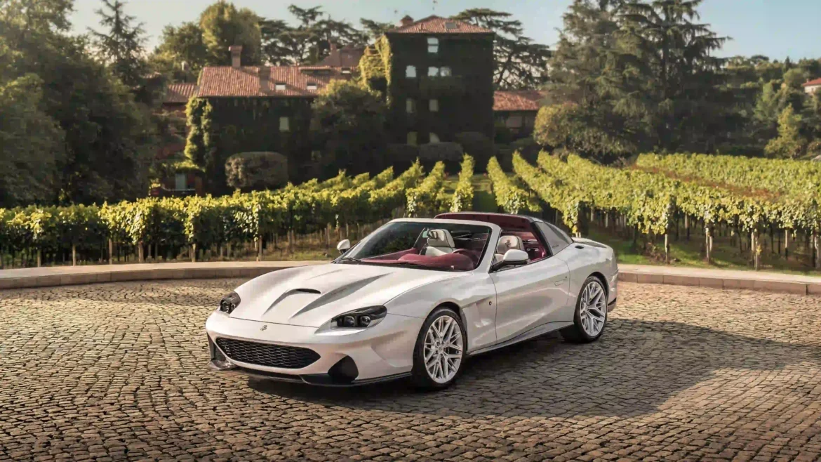 White Touring Superleggera Veloce12 Aperta luxury convertible parked before an Italian vineyard in stunning 4K resolution