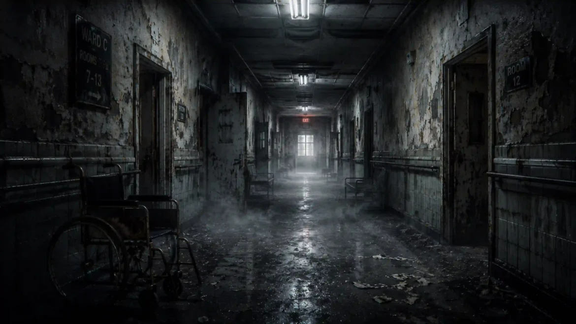 Decaying abandoned hospital hallway with an empty wheelchair and foggy dark corridor in a 4K horror wallpaper