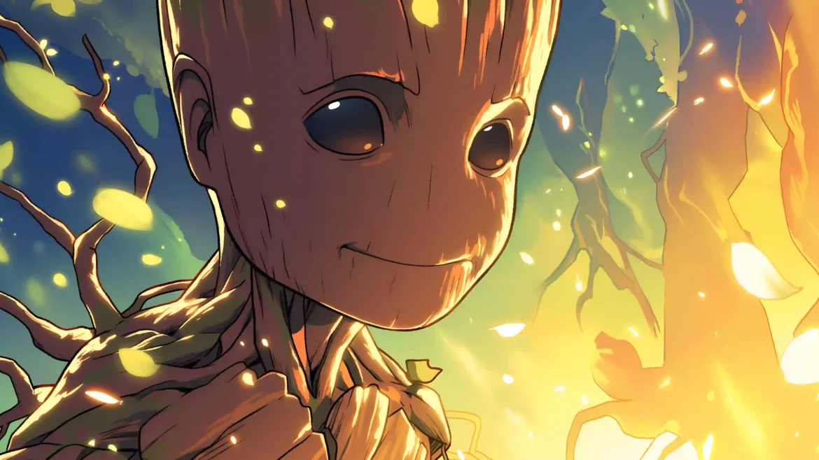 Baby Groot smiling in a sunny forest with floating golden leaves in an anime-style 4K wallpaper