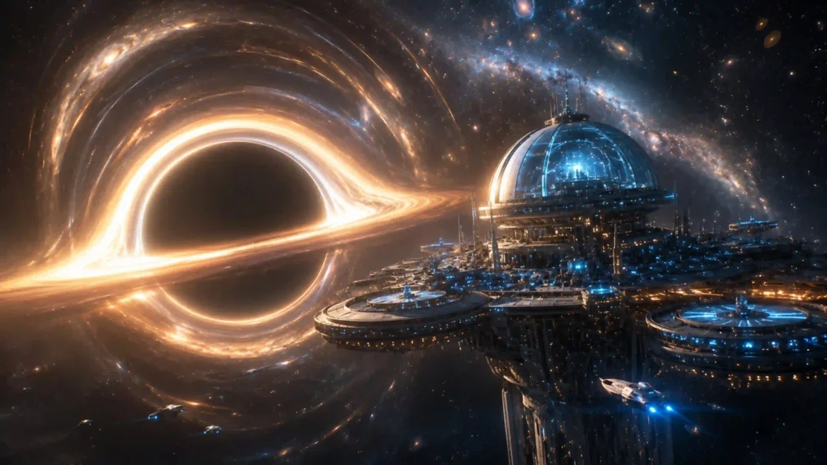 Futuristic orbital city beside a glowing black hole with a galactic event horizon and star-filled cosmic background in an Ultra HD 4K wallpaper