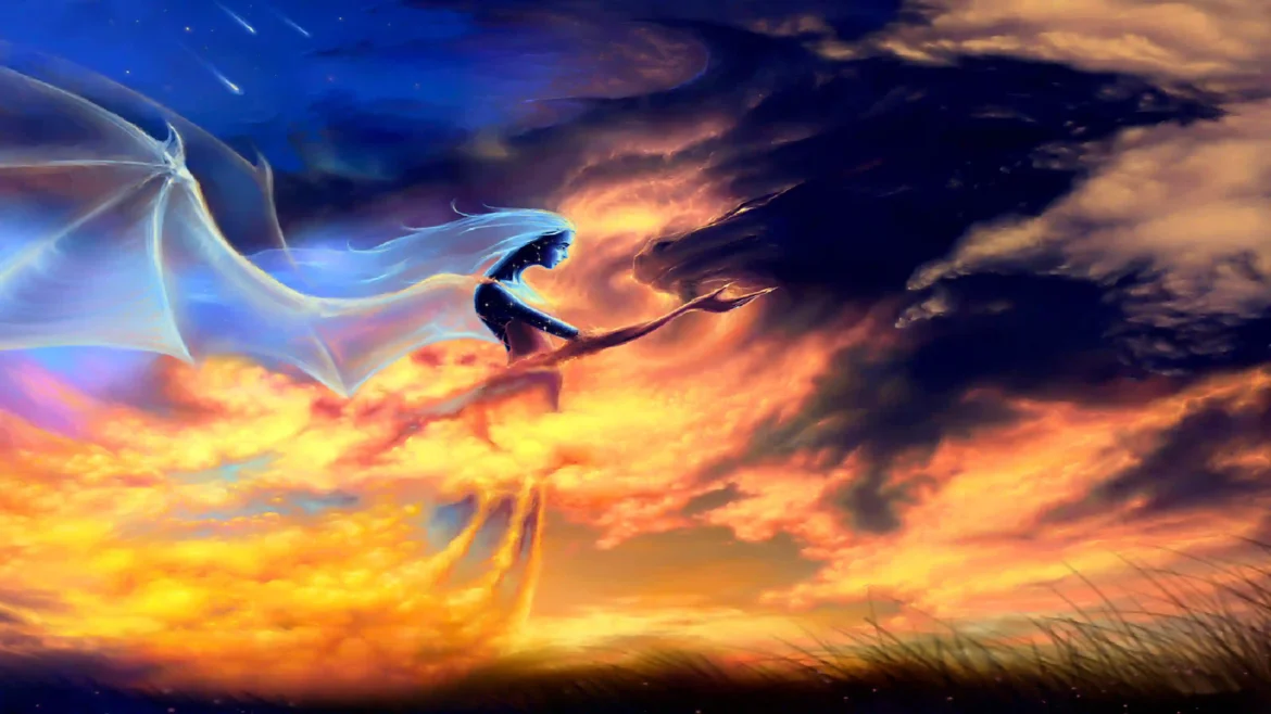 Mystical winged rider flying beside a dark dragon through glowing orange clouds beneath a deep blue sky in an Ultra HD 4K fantasy wallpaper