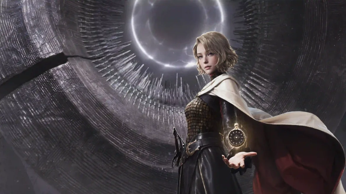 Chrono Odyssey blonde sorceress holding a glowing pocket watch in front of a giant circular portal in a 4K gaming wallpaper