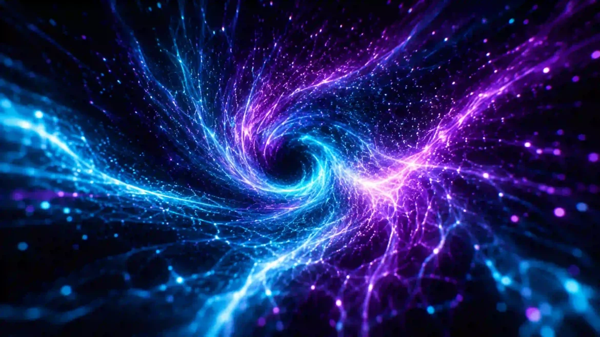 Glowing blue and purple energy streams forming a swirling cosmic vortex against a dark background in an Ultra HD 4K abstract wallpaper