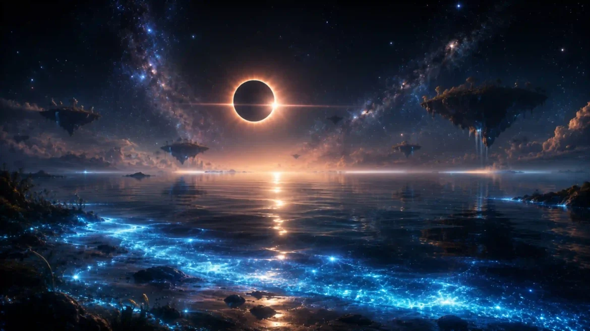Cosmic eclipse 4K wallpaper featuring a glowing solar eclipse over a celestial ocean with floating islands and blue luminous waves