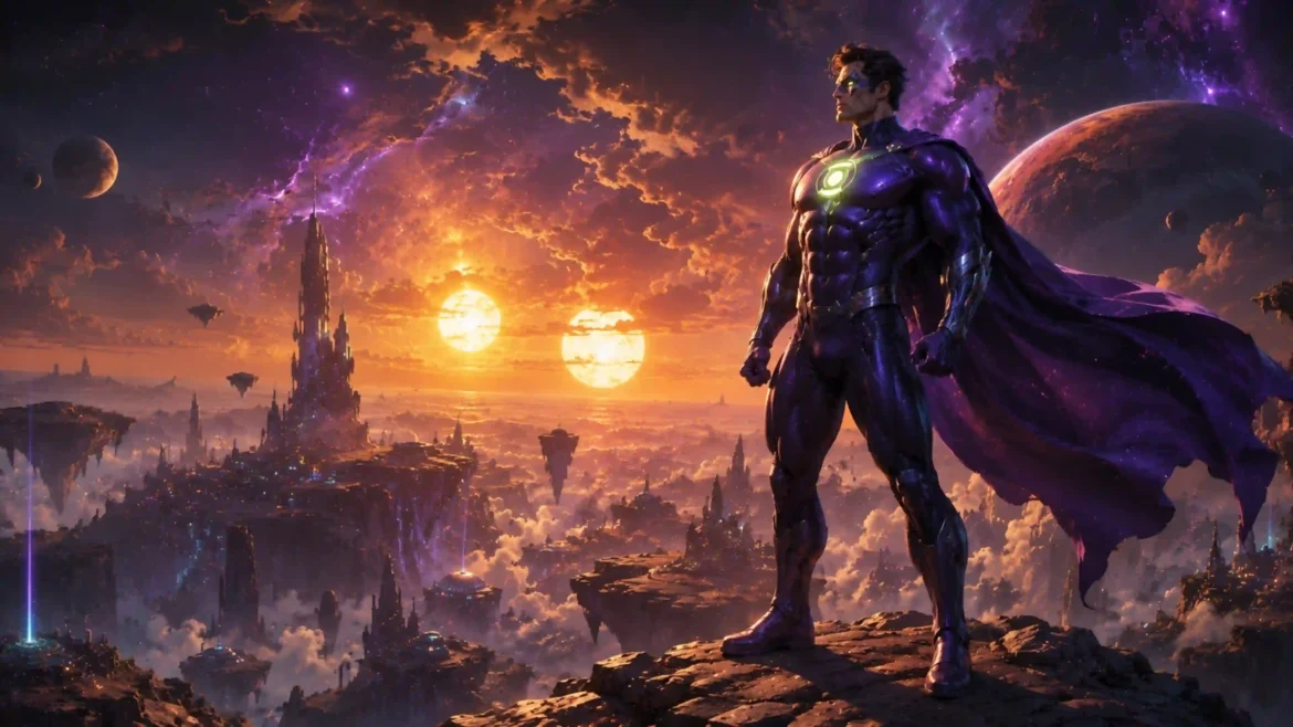 Cosmic guardian standing above a futuristic floating empire with twin suns, planets, and glowing galaxies in an Ultra HD 4K comics wallpaper