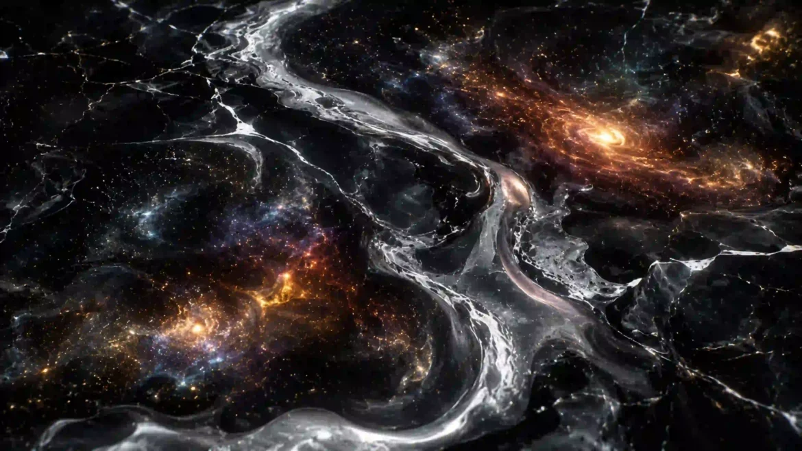 Cosmic liquid galaxy 4K wallpaper featuring flowing silver cosmic streams, glowing galaxies, colorful stars, and deep space