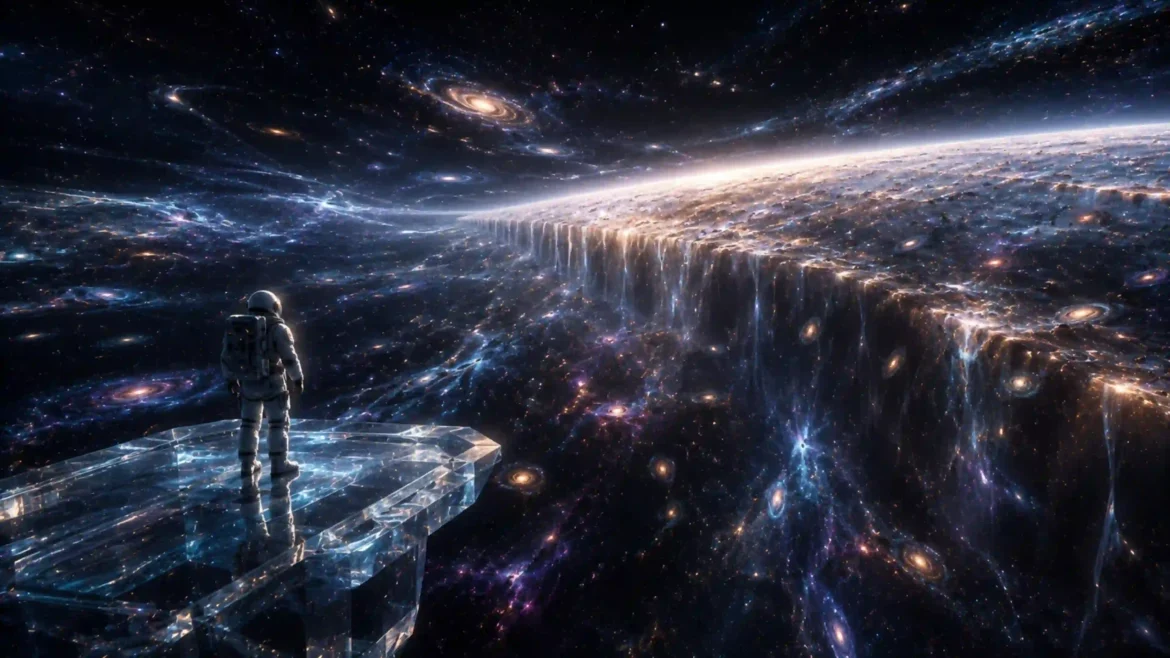Astronaut standing on a crystalline platform overlooking a cosmic waterfall landscape filled with galaxies and stars in a 4K space wallpaper