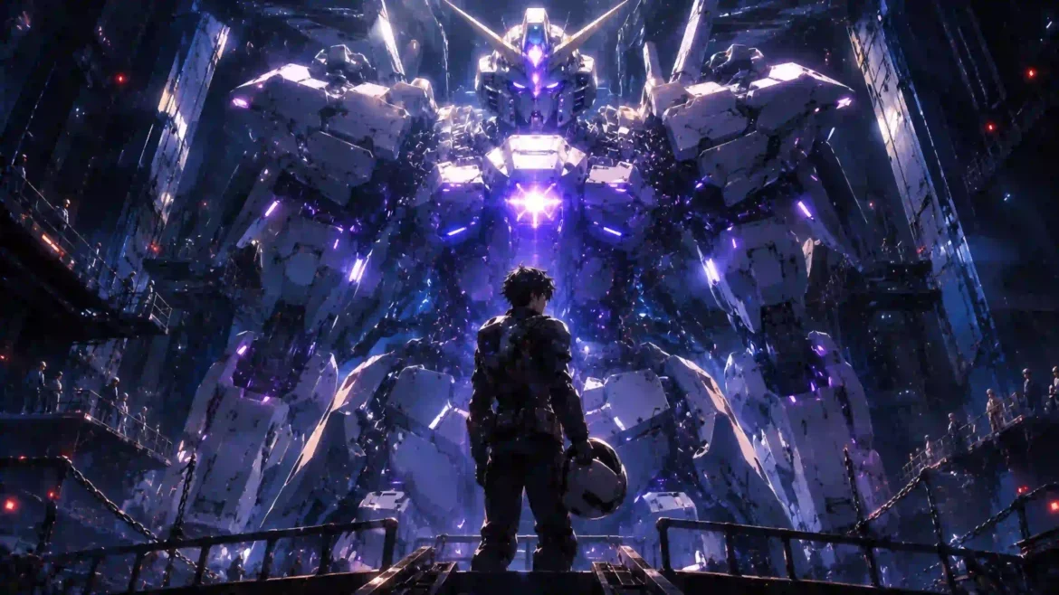 Anime warrior standing before a colossal glowing purple cybernetic titan 4K wallpaper