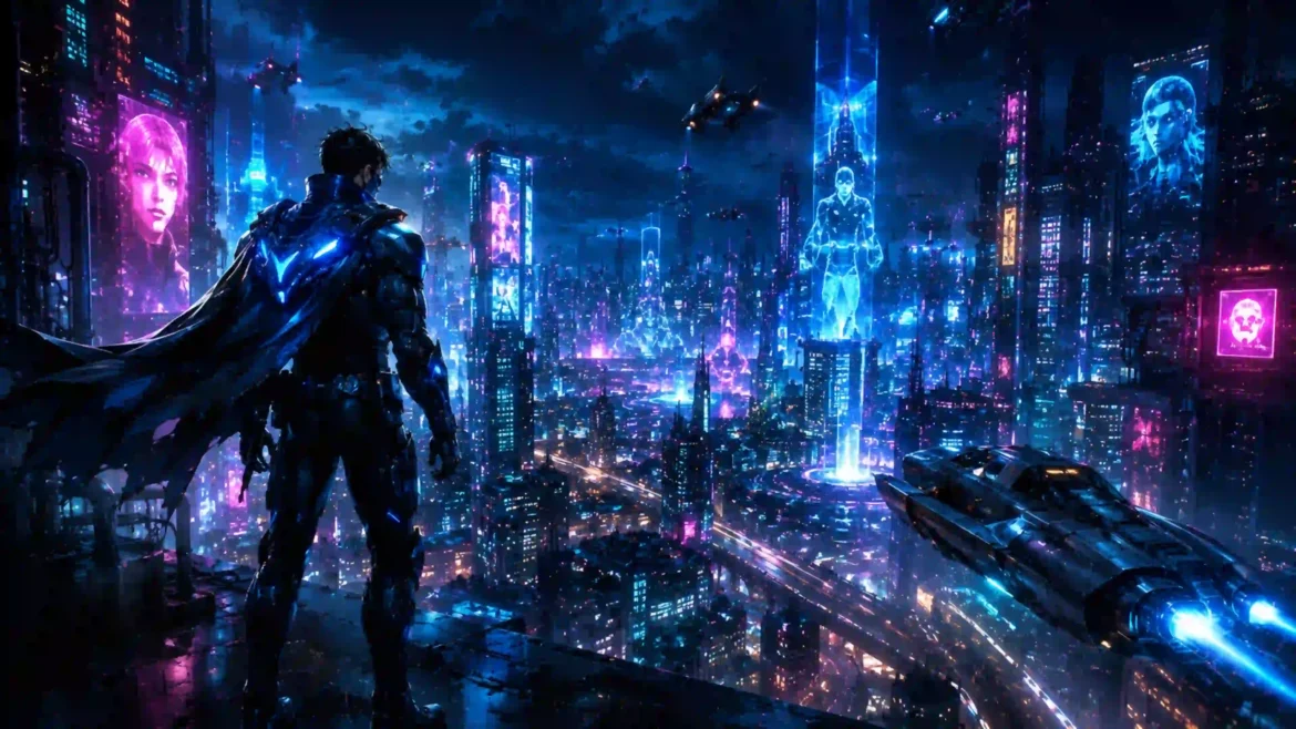 Futuristic cyberpunk city glowing with blue and purple neon lights, holographic skyscrapers, flying vehicles, and an armored figure overlooking the metropolis in 4K