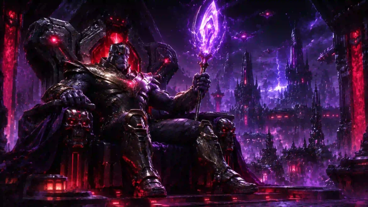 Armored emperor seated on a glowing obsidian throne holding a crystal scepter above a purple neon sci-fi megacity under a stormy sky in an Ultra HD 4K wallpaper