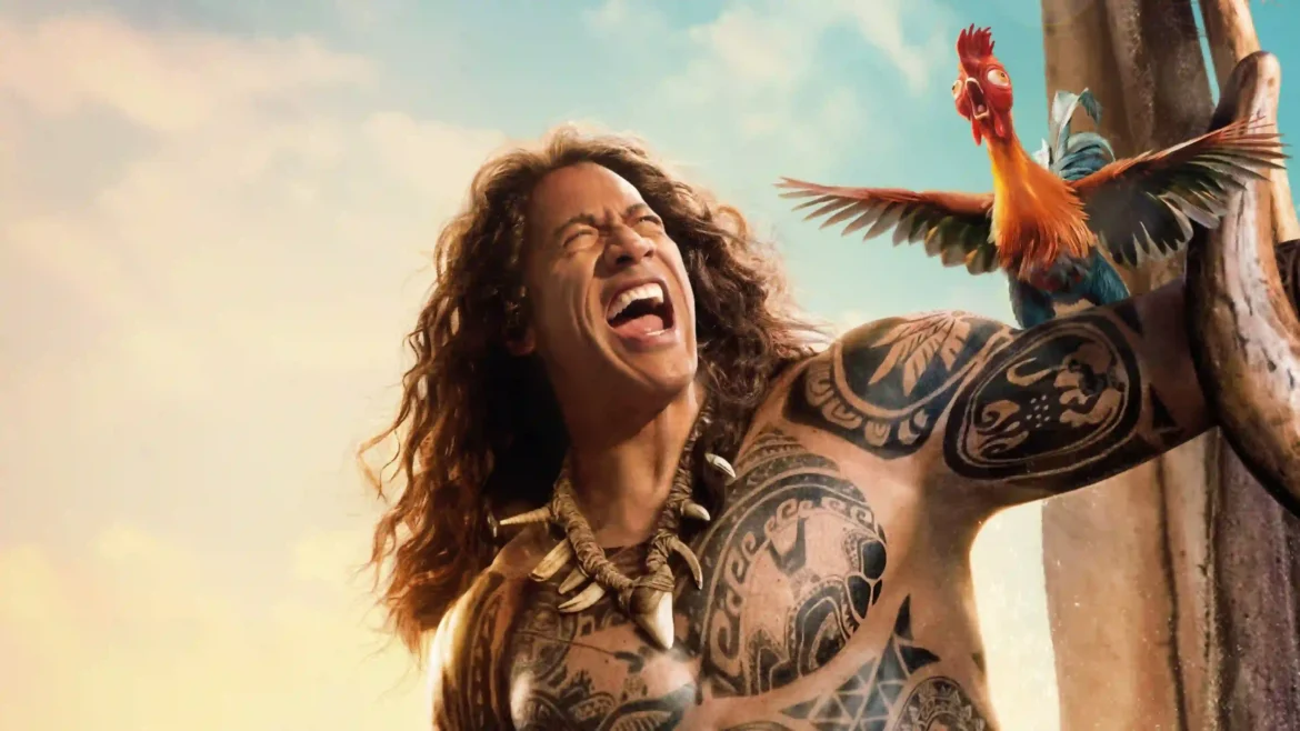 Dwayne Johnson smiling in a tropical island setting beside a colorful rooster under warm sunlight in an Ultra HD 4K movies wallpaper