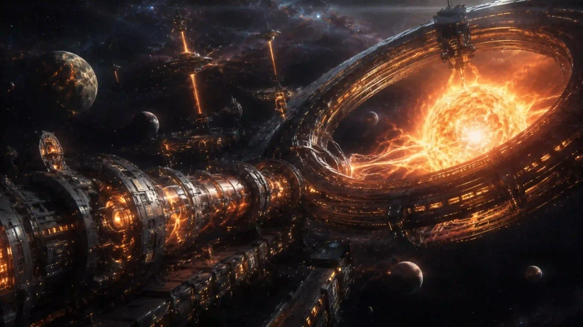 Colossal ringed orbital space station harvesting stellar energy from a glowing star in a high-resolution 4K sci-fi wallpaper