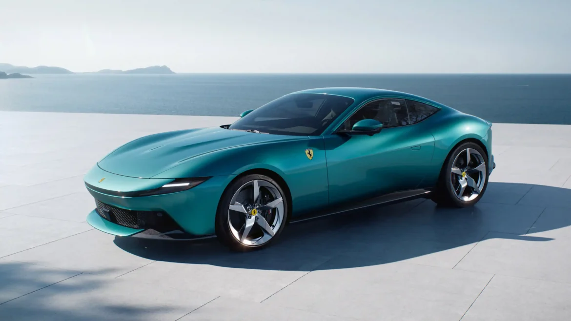 Emerald Ferrari luxury coupe parked beside a calm ocean horizon in bright daylight in an Ultra HD 4K car wallpaper