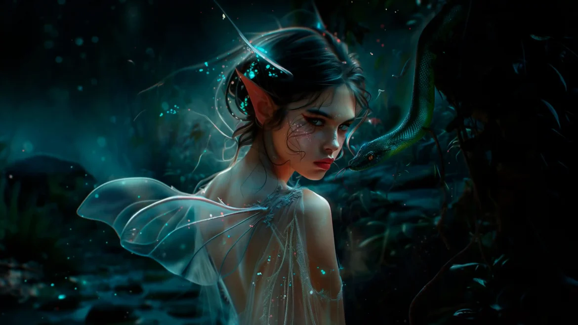 Enchanted fairy with glowing wings facing a mysterious snake in a dark magical forest 4K wallpaper