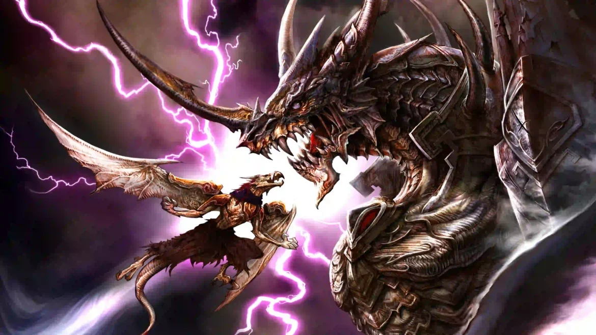 Colossal armored dragon battling a winged beast amidst purple lightning in a fantasy 4K wallpaper
