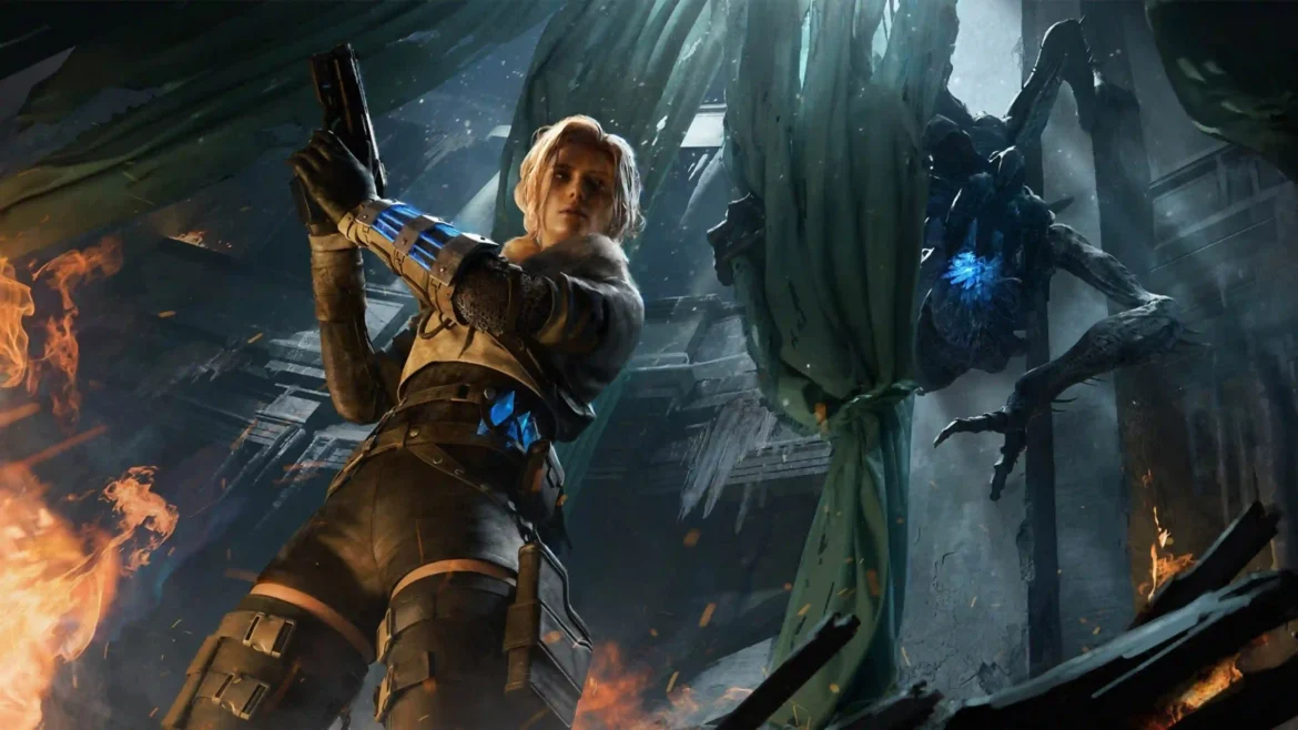 Blonde fantasy hunter inside a ruined temple facing a glowing blue shadow creature in a cinematic Ultra HD 4K wallpaper