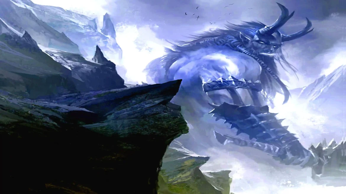 Colossal blue frost giant with horns and spiked gauntlets in a icy mountain range in a 4K fantasy wallpaper
