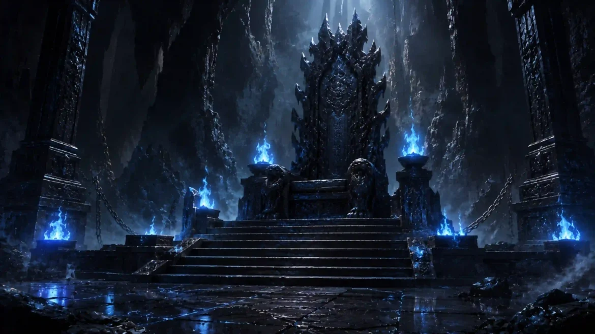 Dark obsidian throne surrounded by glowing blue flames inside a cavernous underground citadel in an Ultra HD 4K fantasy wallpaper
