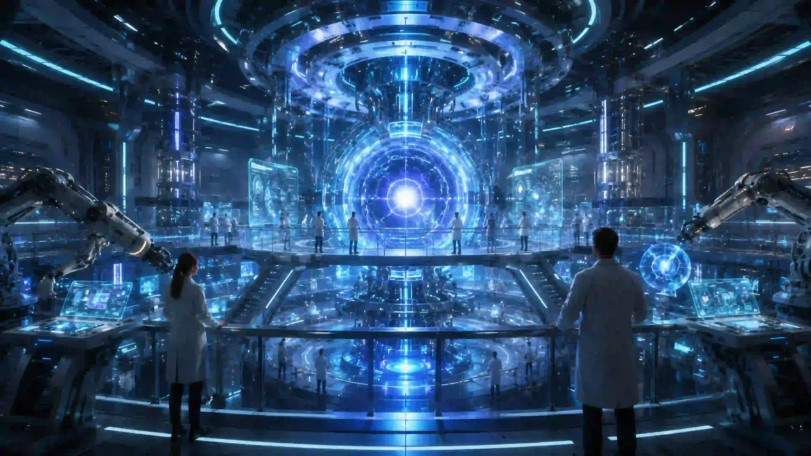 Scientists observing a glowing quantum reactor in a high-tech futuristic laboratory in a 4K wallpaper
