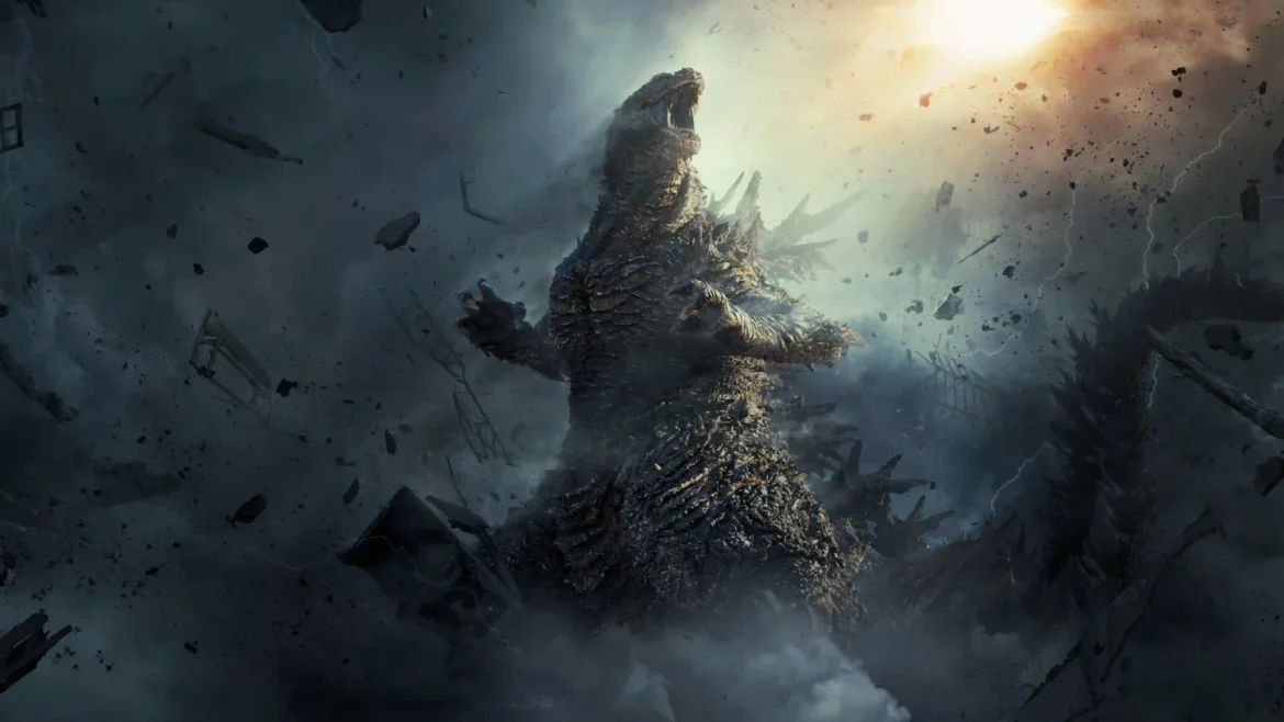 Godzilla Minus One 4K wallpaper showing Godzilla roaring amid destruction, flying debris, smoke, and dramatic sunlight