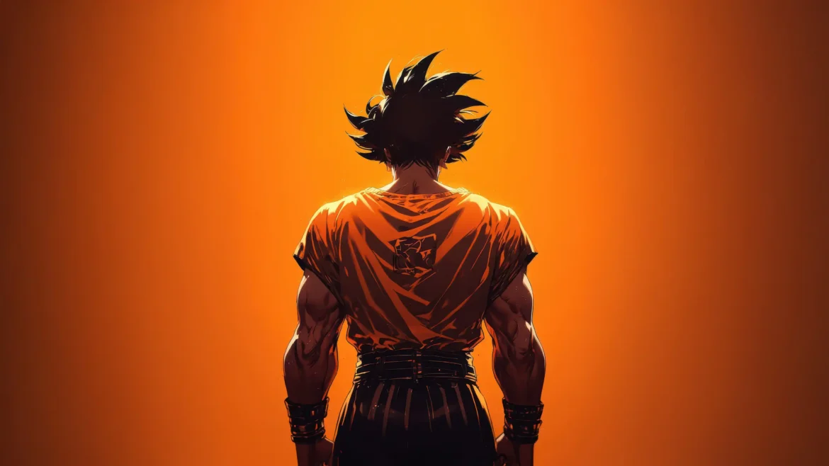 Goku standing with his back toward the viewer against a glowing orange background in a dramatic Dragon Ball 4K anime wallpaper