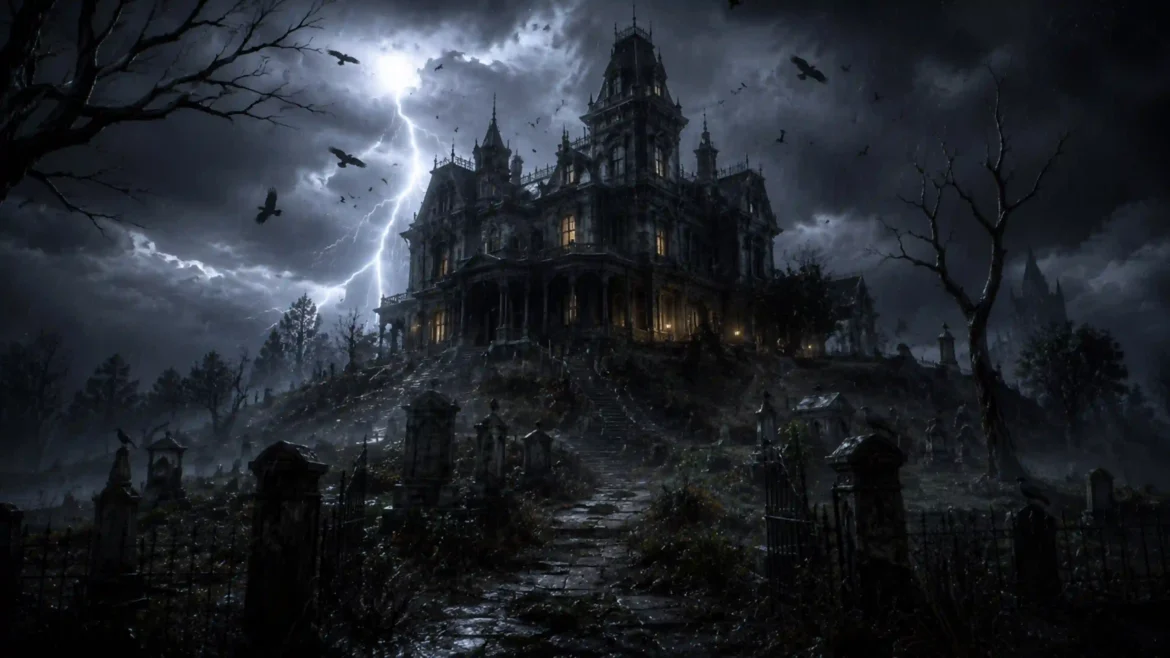 Haunted gothic mansion 4K wallpaper on a hill during a dark stormy night with lightning, cemetery, ravens, and twisted trees